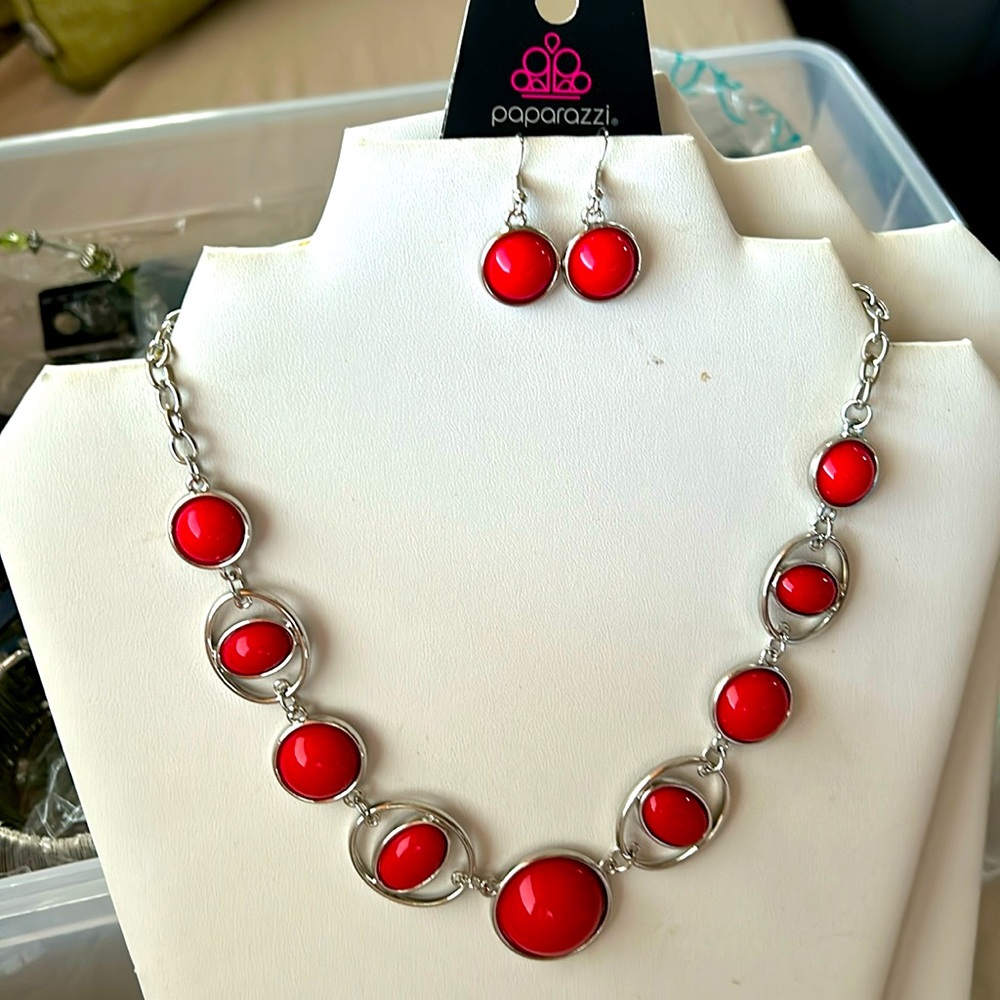 Red necklace and earrings